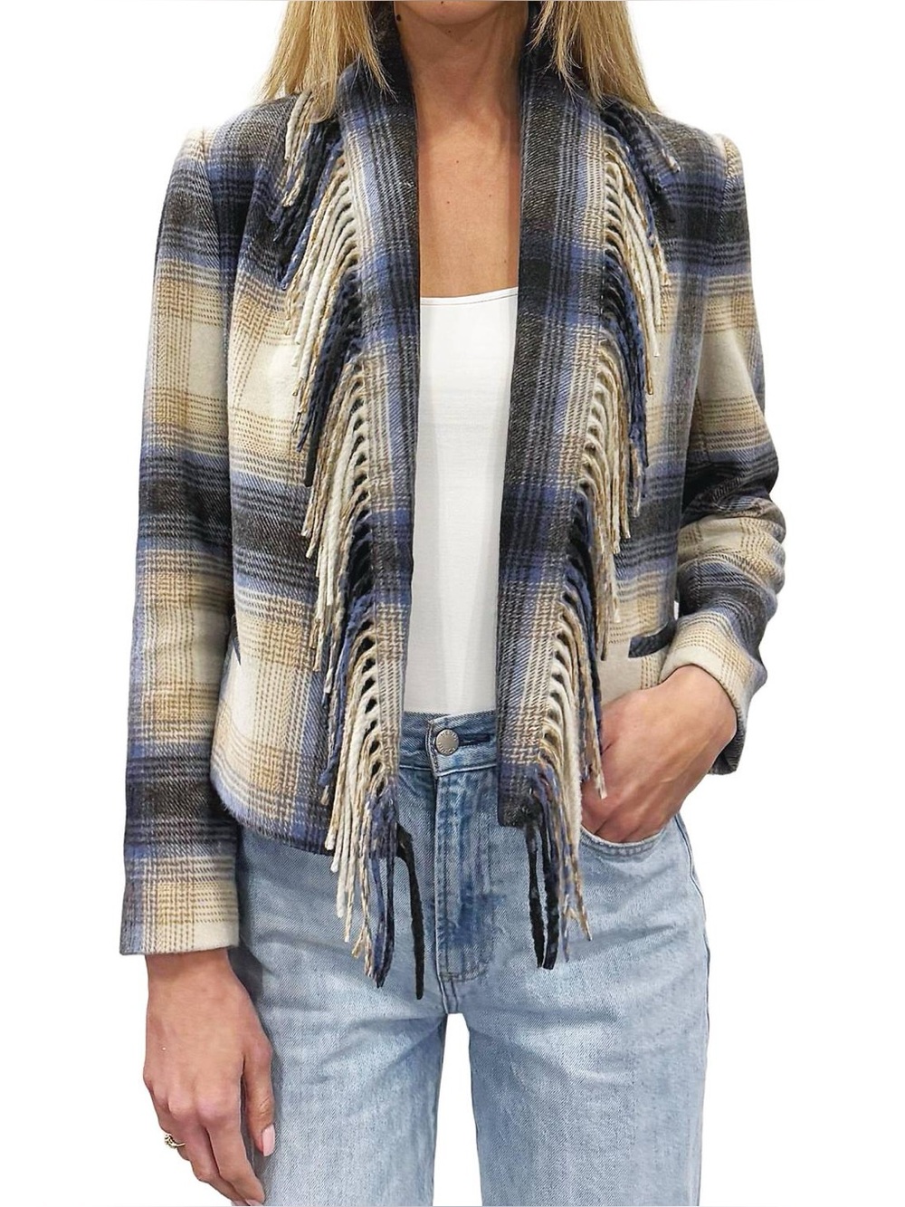 Drew Plaid Warren Open Front Knit Blazer